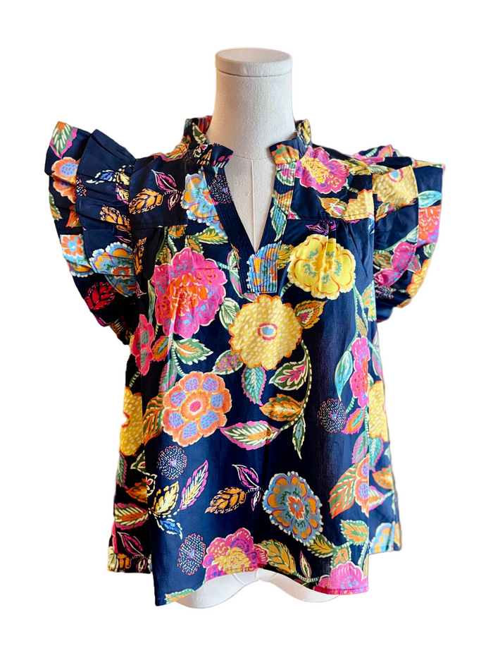 THML Alina Ruffle Sleeve Floral Pattern V Neck Top
