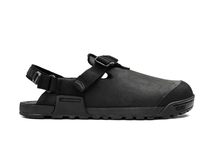 Black sandal with strap on a white background