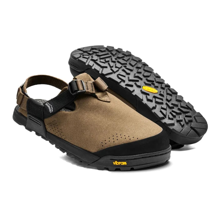 The Pinecone syntehtic bedrock mountain clogs with vibram sole and black and brown straps