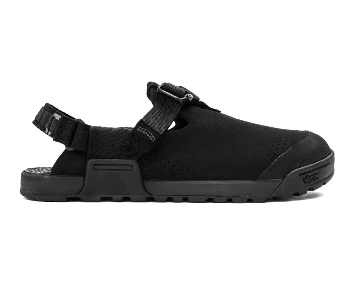 Black sandal with strap design on a white background