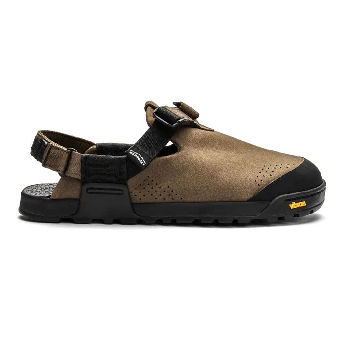 The synthetic suede bedrock sandals mountain clogs in pinecone shown on their side