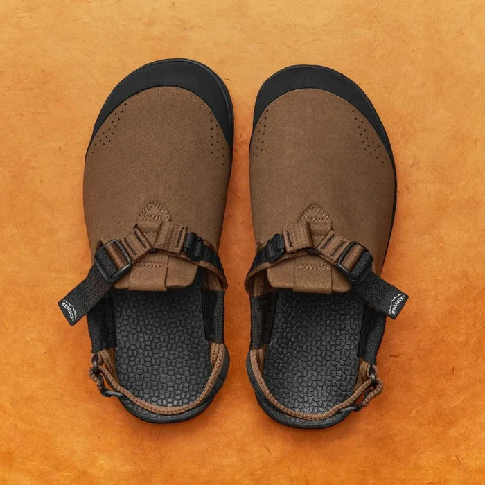 Bedrock sandals mountain clogs in synthetic suede shown in pinecone on an orange background