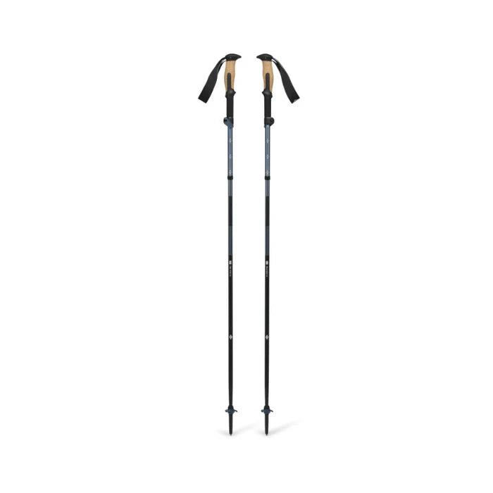 Two black hiking poles with adjustable shafts on a white background