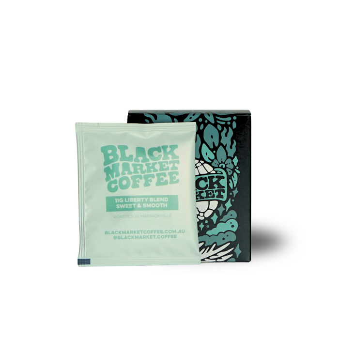 Black Market coffee drip ags in packaging with liberty blend branding