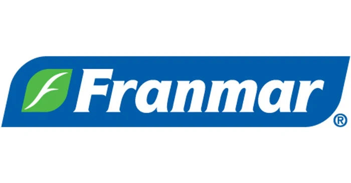 Franmar logo featuring a green leaf icon and white text on a blue background.