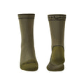 A pair of Bridgedale Storm Sock Midweight Boots in beige color, featuring a terry pad footbed and branded with 'bridgedale.com' on the ankle area.