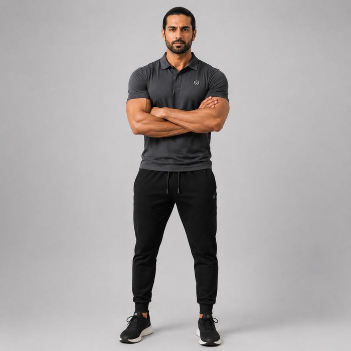 A man modeling a dark gray short-sleeve polo shirt and black jogger pants against a solid gray studio background.