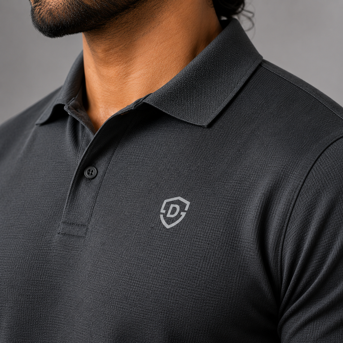 Close-up of a man wearing a dark charcoal gray polo shirt with a small Dominance logo on the left chest, set against a neutral gray background.