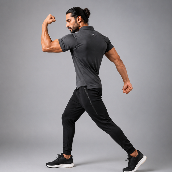 A man in a dark gray short-sleeve athletic polo shirt and black jogger pants poses in a dynamic walking pose against a solid gray studio background.
