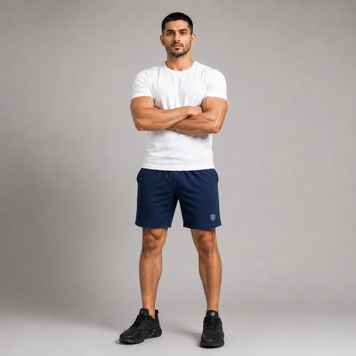 A man wearing a high quality navy blue athletic shorts stretchable material