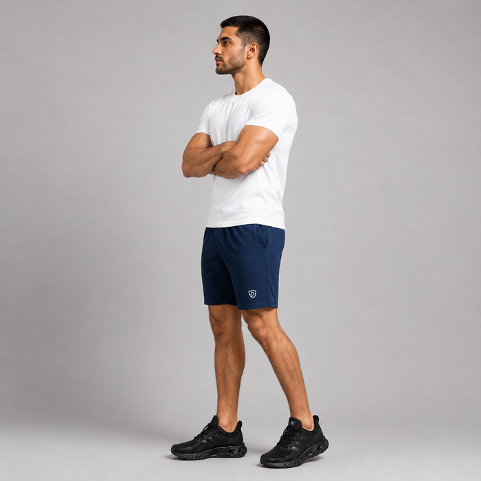 A man wearing a high quality navy blue athletic shorts stretchable material