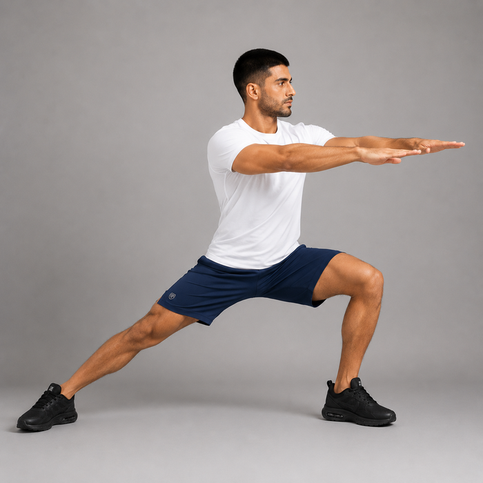 A man wearing a high quality navy blue athletic shorts stretchable material in excercise pose