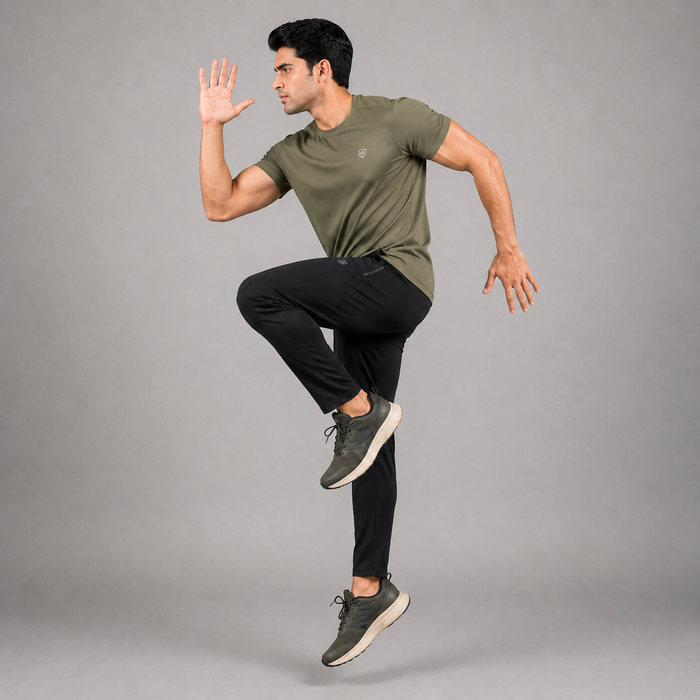 A man in an olive green athletic t-shirt and black athletic pants is captured mid-jump against a solid gray studio background.