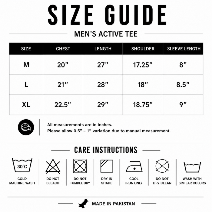 A size guide and care instructions table for a men's active tee. The chart shows measurements in inches for sizes M, L, and XL, including chest, length, shoulder, and sleeve length.