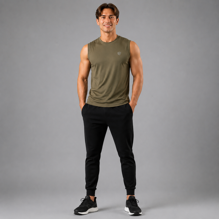 A man modeling a sleeveless athletic tank top in olive green and black jogger pants against a solid gray studio background.