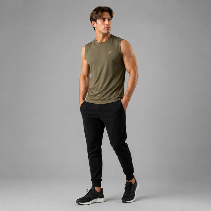 A man modeling a sleeveless athletic tank top in olive green and black jogger pants against a solid gray studio background.