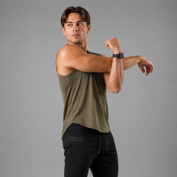 A man wearing an olive green athletic tank top and black pants, stretching his arm over his shoulder against a solid gray studio background.