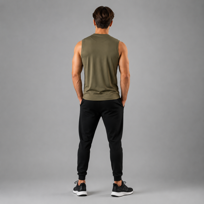 A man viewed from behind wearing an olive green sleeveless athletic tank top and black jogger pants, standing against a solid gray studio background.