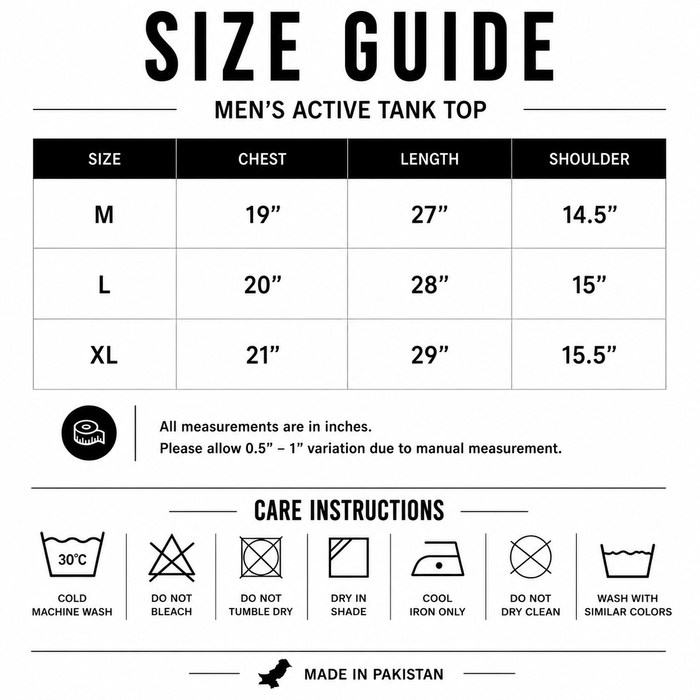 A size guide and care instructions table for a men's active tank top, showing chest, length, and shoulder measurements for sizes M, L, and XL, plus care symbol icons and a 'Made in Pakistan' note.