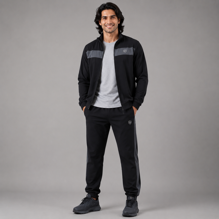 A man modeling a black athletic tracksuit set, featuring a zip-up jacket with gray chest panels and matching black sweatpants, styled over a white t-shirt and dark sneakers against a solid gray studio background.