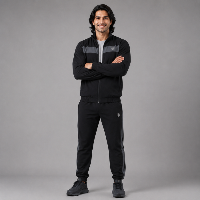 A man modeling a black athletic tracksuit with gray shoulder panels and a small shield logo on the chest and thigh, standing against a neutral gray studio background.