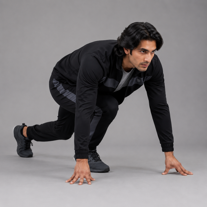 A man in a black athletic tracksuit with gray stripes poses in a crouched starting position on a gray studio floor.
