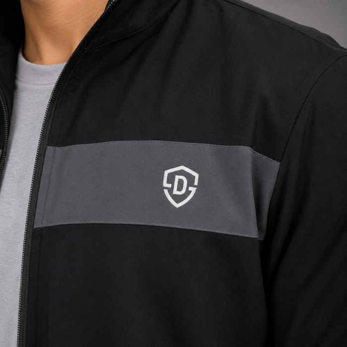 Close-up of a black zip-up jacket worn by a model, featuring a horizontal gray chest stripe with a white shield logo containing the letter D.