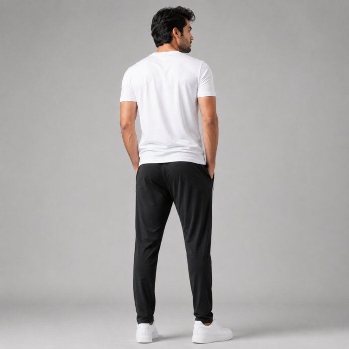 A man shown from behind wearing a white short-sleeve t-shirt, black jogger-style pants, and white sneakers, standing against a plain light gray studio background.
