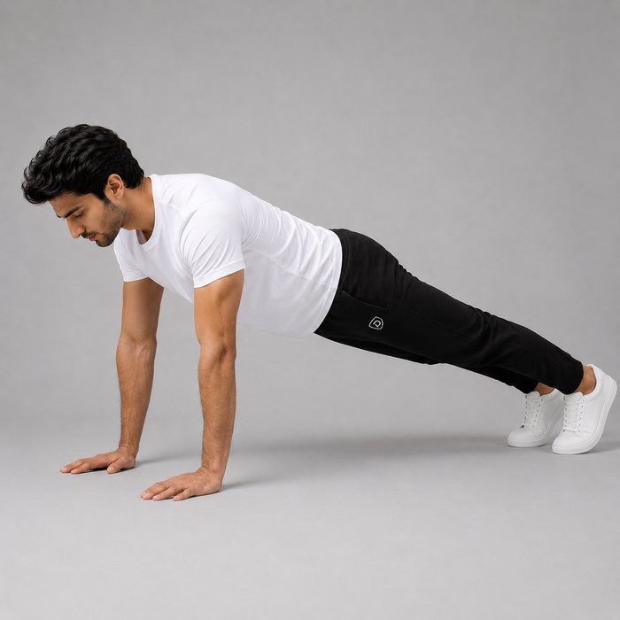 A man in a white t-shirt and black athletic pants performing a plank exercise on a light gray studio floor.