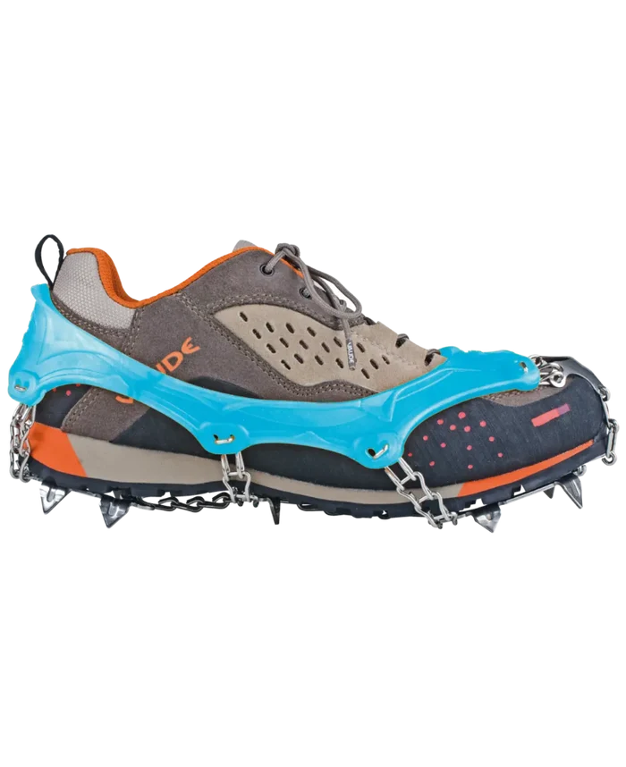 Crampon shoe with blue crampon spikes on a white background