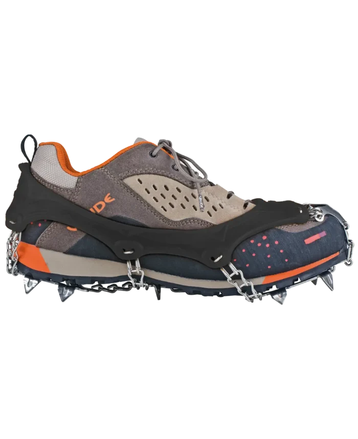 Hiking shoe with crampon attachments on a white background