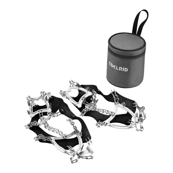 Ice crampons with metal spikes and a black carrying case on a white background