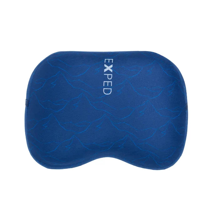 Blue down pillow with 'Exped' branding on a white background
