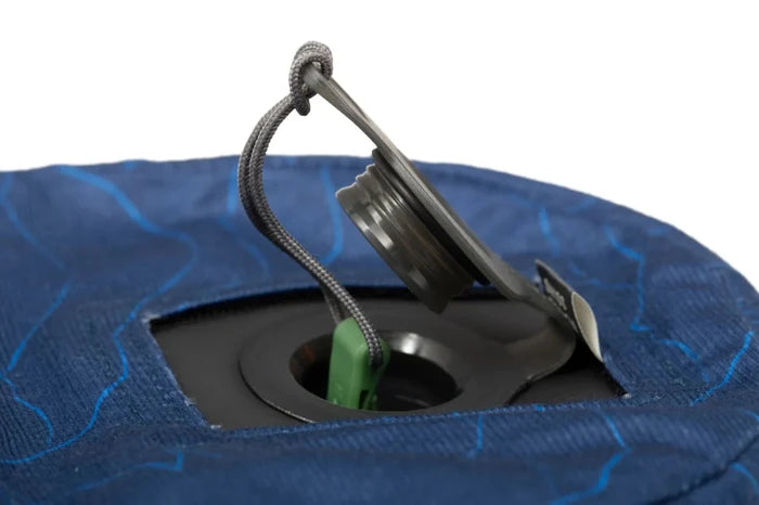 Close-up of a blue inflatable pillow valve.