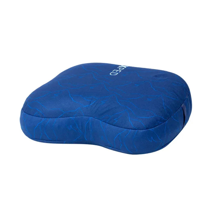Blue travel pillow with brand logo on a white background