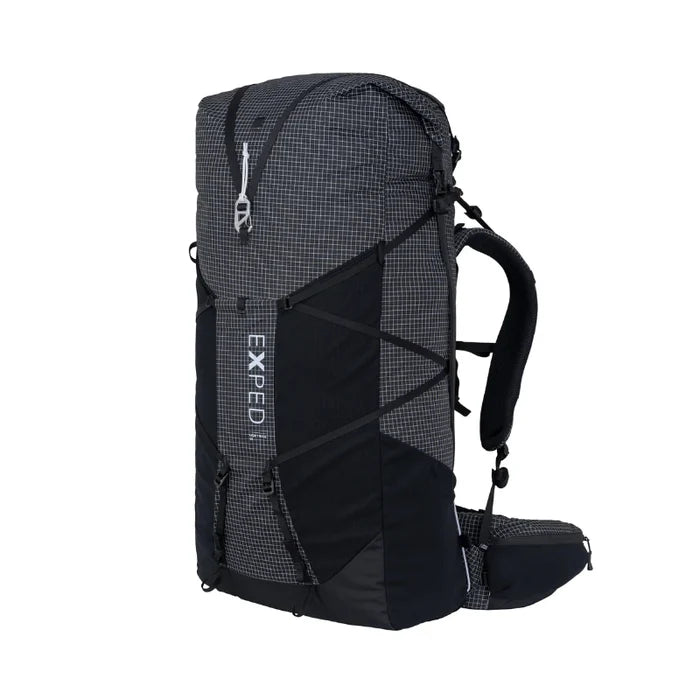 Black backpack with grid pattern on a white background