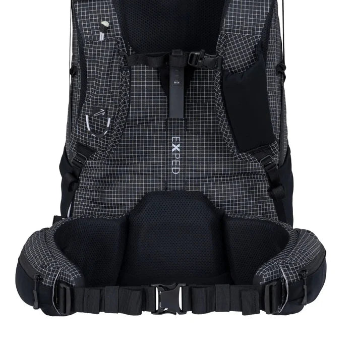 Backpack with black interior and EXPED brand name on a white background