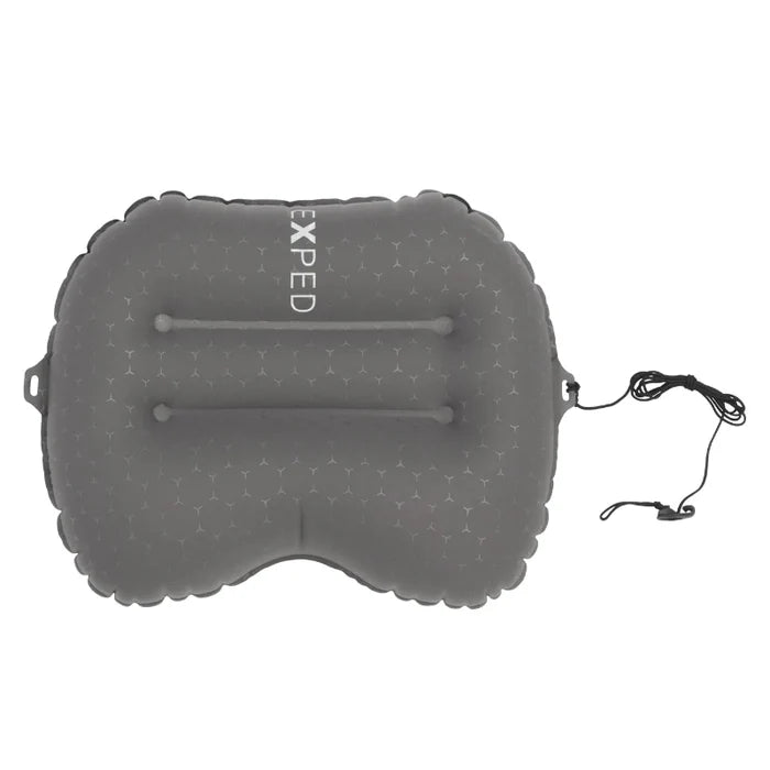 Gray inflatable pillow with EXPED branding on a white background