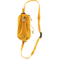 A yellow Fjallraven Abisko Bottle Pocket with a detachable strap and a zippered compartment, designed to attach to a backpack.