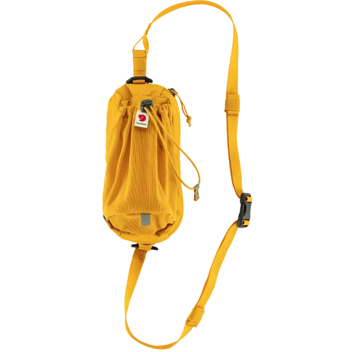 A yellow Fjallraven Abisko Bottle Pocket with a detachable strap and a zippered compartment, designed to attach to a backpack.
