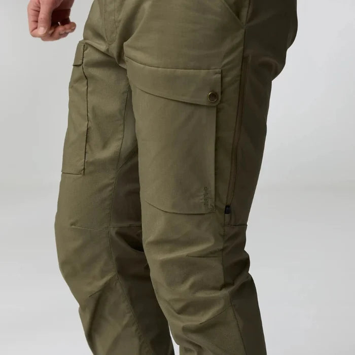 Khaki pants with multiple pockets on a white background