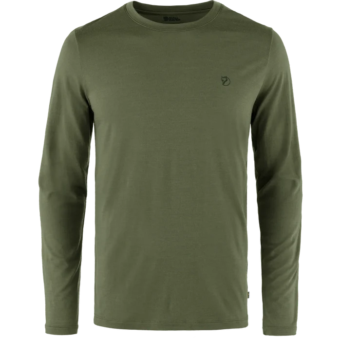 Green long-sleeve shirt with a small logo on a white background