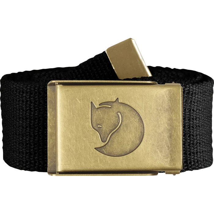 Black belt with a brass buckle featuring a fox design on a white background