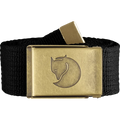 Black belt with a brass buckle featuring a fox design on a white background