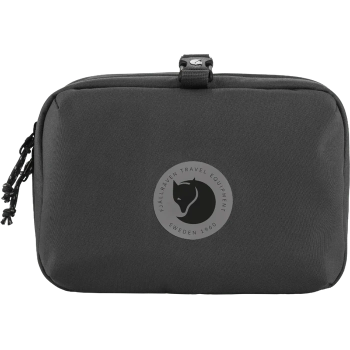 Black travel pouch with a logo on a white background