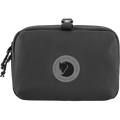 Black travel pouch with a logo on a white background