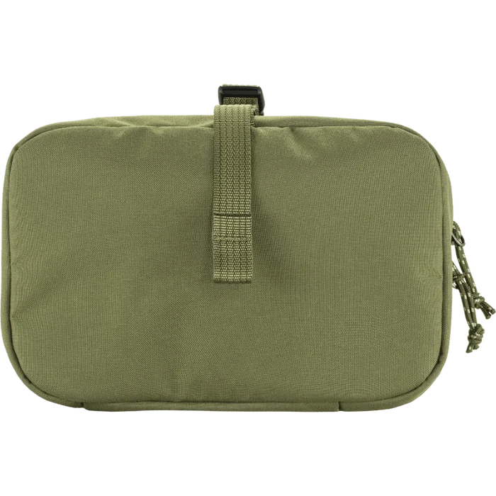 Green tactical pouch with a strap on a white background