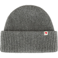 Gray knit Fjallraven Mens beanie with a brand logo on a white background