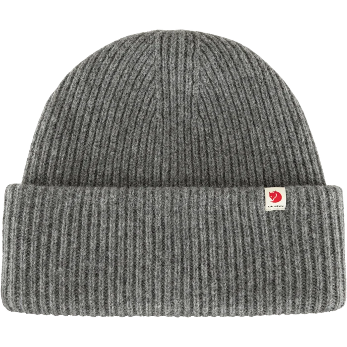 Gray knit Fjallraven Mens beanie with a brand logo on a white background