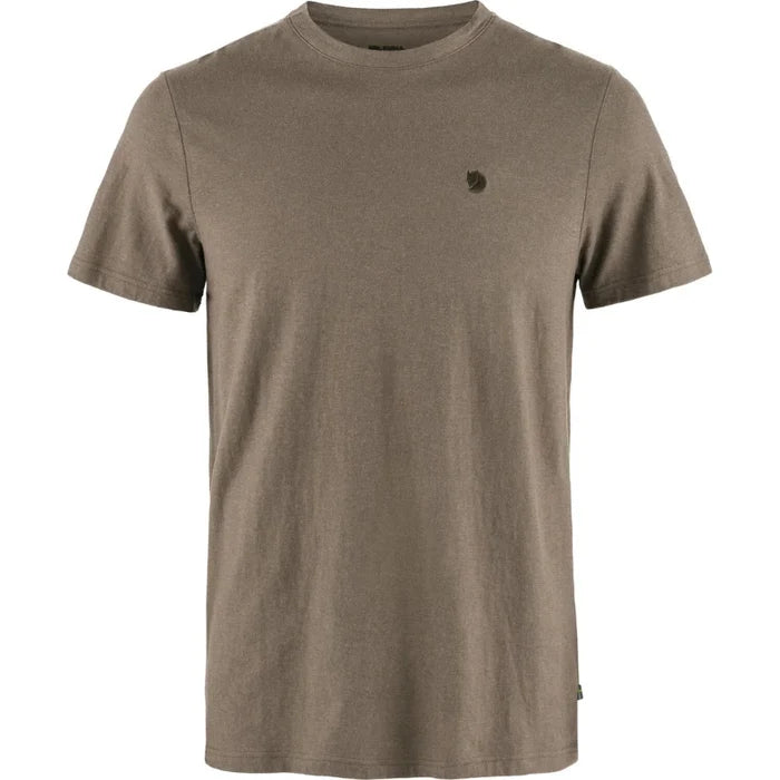 Brown t-shirt with a small black logo on a white background